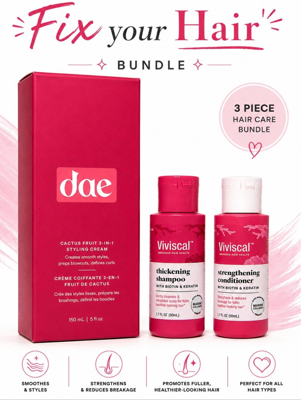 Dae Cactus Fruit 3-in-1 Styling Cream 5 oz + Viviscal Shampoo & Conditioner Set